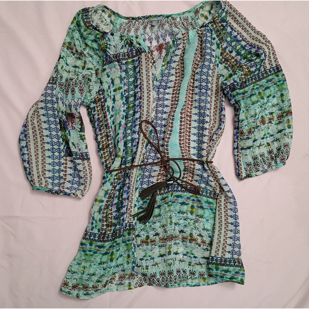 Charlotte Russe Sheer Blue Green Geometric Boho Tunic Top Tassel Belt Small